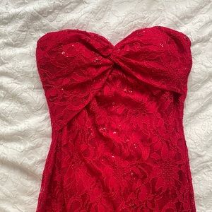 Strapless red sequin thigh split dress